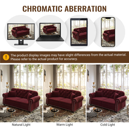 41.3 inch  Burgundy Velvet Mid-Century Sofa, Nailhead Trim & 1 Pillow