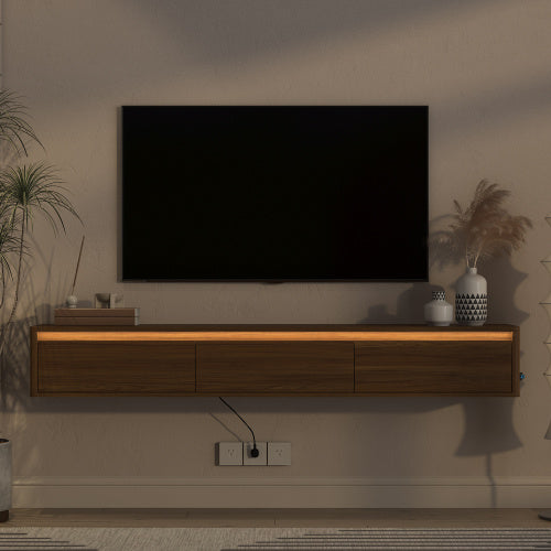 Wall Mount Floating High Gloss TV Cabinet with LED Lights & Power Outlet for Living Room