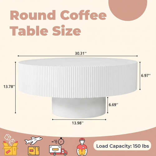 White Round Fluted Pedestal Coffee Table, Mid-Century Modern