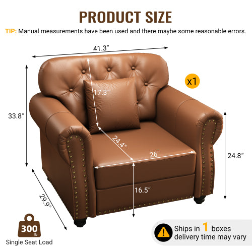 41.3 inch  Brown Faux-Leather Mid-Century Sofa, Nailhead Trim & 1 Pillow