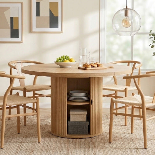47.2 Inch Wood Grain Round Dining Table, Roman Column Pedestal Table with Double-Layer Storage for Home Dining Room