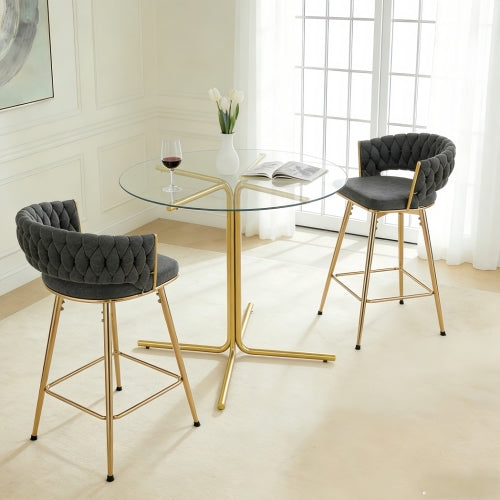 2-person glass bar table combination, 3-piece modern kitchen bar table set including 2 cotton and linen soft cushioned bar chairs, suitable for glass bar table combination in kitchen and dining rooms