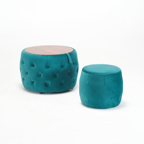 Blue 2-Piece Velvet Nesting Storage Ottoman Set, 4-in-1 Round Foot Stool with Wooden Tray, Ready to Use