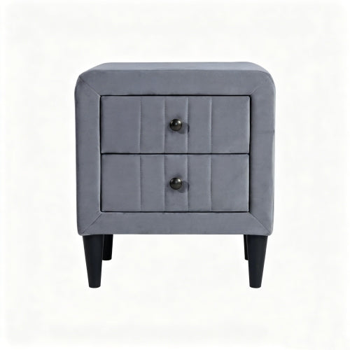Gray Velvet Upholstered 2-Drawer Nightstand, Wood Frame & Black Legs, 20inchW