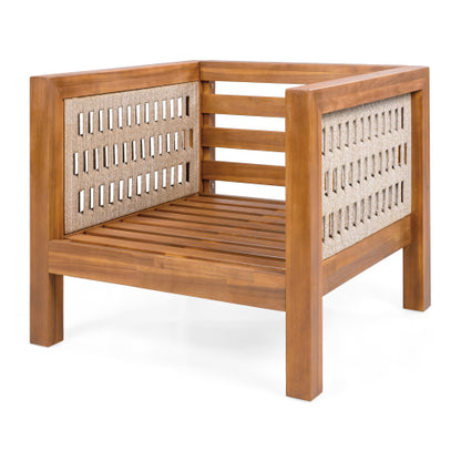Acacia Wood Outdoor Club Chair with Beige Rope Arm and Beige Cushions,400 lbs Capacity