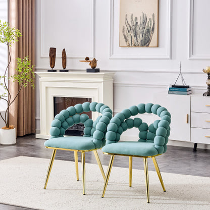 2 Pack Blue Dutch Velvet Dining Chairs, Ball-Chain Bubble Back Chairs with Gold Electroplated Metal Legs