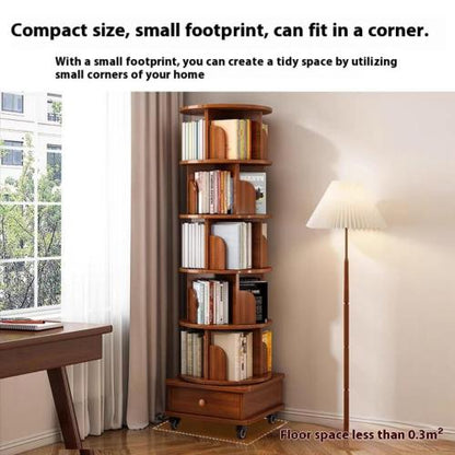 Rotating Bookshelf, 360 Display Corner Bookshelf for Small Space, 6 Tier Bookcase Storage Rack with Wheels, Wood Narrow Organizer for Bedroom, Living Room, Study Room, Walnut Brown