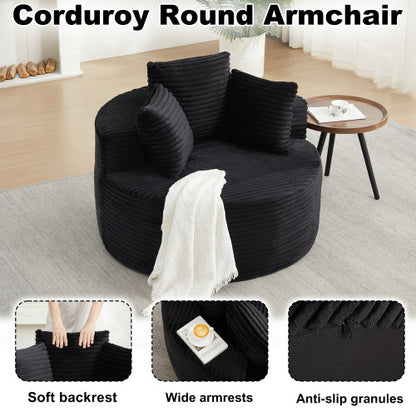 43-Inch Round Corduroy Single Lounge Chair with 3 Pillows, Minimalist Style