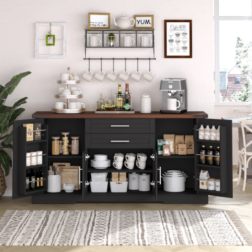63 inch Farmhouse Barn Door Storage Cabinet with 2 Drawers & Door Rack, Large Buffet Table Coffee Bar Cabinets with Adjustable Shelves for Kitchen, Living Room, Entryway, Dining Room, Black