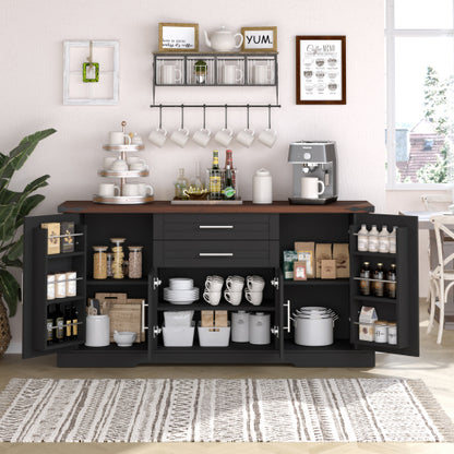 63 inch Farmhouse Barn Door Storage Cabinet with 2 Drawers & Door Rack, Large Buffet Table Coffee Bar Cabinets with Adjustable Shelves for Kitchen, Living Room, Entryway, Dining Room, Black