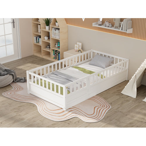 Twin Size Floor bed, integral construction with super high security barrier, door, children's floor bed frame, Montessori wooden children's floor bed, Support slat white