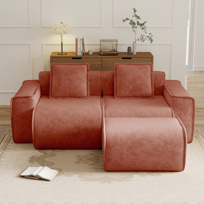 Red Velvet L-Shape 2-Seat Modular Boneless Sofa,Ottoman & Throw Pillows