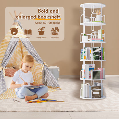 White 5-Tier 360¡ã Rotating Book Tower Vertical Spinning Design Space-Saving Home Living Room Storage Organizer