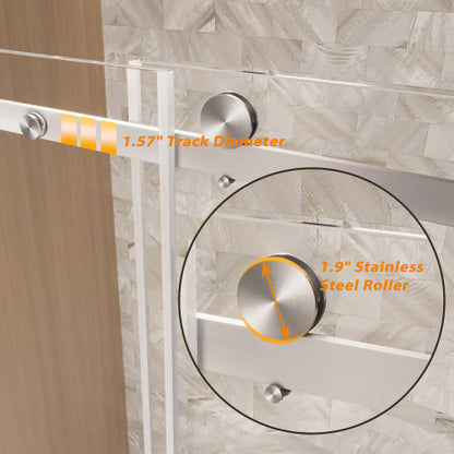 Frameless Single sliding shower door 56-60 "W x 60" H, 1/4 "(6 mm) Clear Tempered Glass, Explosion Proof Film, Stainless Steel Handle Square Tube Track ,Brushed Nickel