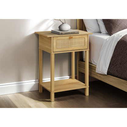 Natural Rattan Accent Table 2 Tier Storage Nightstand with Drawer