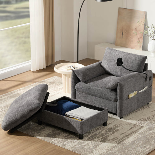 37 inch  Modern Cloud Chenille Armchair with Storage Ottoman, Charger & Phone Holder