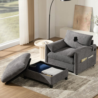 37 inch  Modern Cloud Chenille Armchair with Storage Ottoman, Charger & Phone Holder