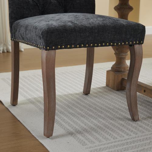 Upholstered Chenille Dining Chair Set of 2, Tufted Accent Chair with Curved Solid Wood Legs, Black