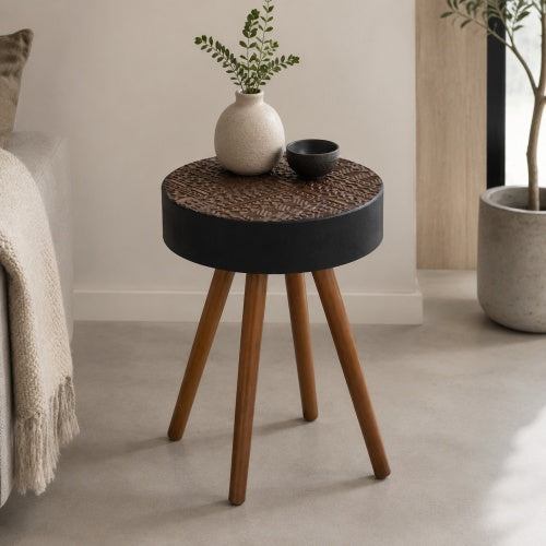 15.7inch  Mini Round Wooden Side Table, Brown & Black
