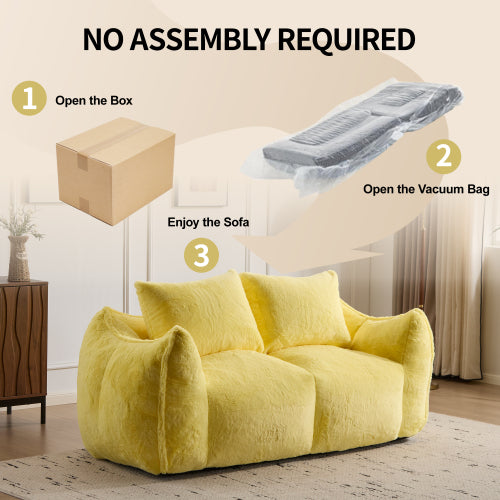 Yellow Oversized 2-Seater Fluffy Rabbit-Fabric Bean Bag Sofa with Pillows