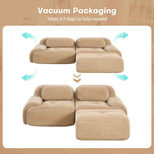 82-Inch Camel Corduroy L-Shaped Modular Sectional Sofa Curved Armrest No-Assembly