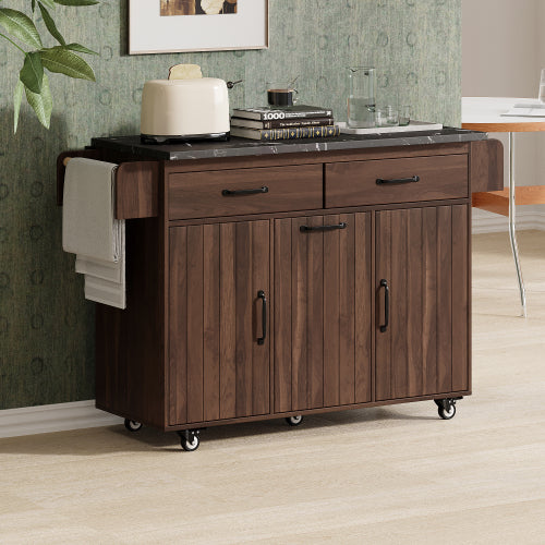 Walnut Brown Rolling Kitchen Island Cart With Trash Can Storage