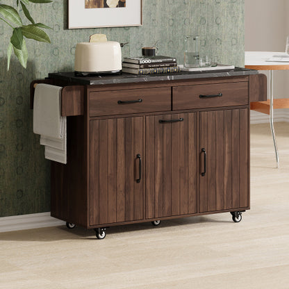 Walnut Brown Rolling Kitchen Island Cart With Trash Can Storage