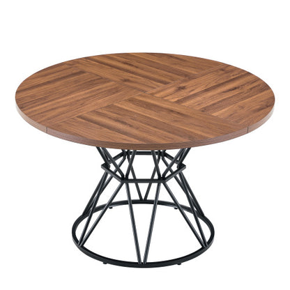 47.3 Inch Walnut Wood Grain Round Dining Table with Hourglass Metal Bracket for 4-6 People