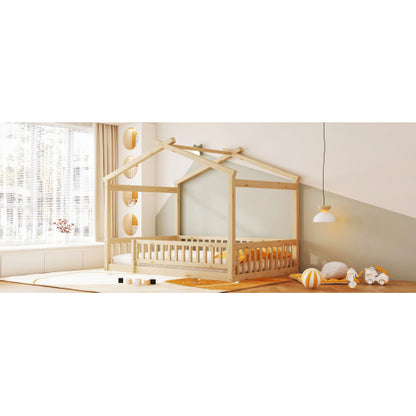 Full Size Wood Bed House Bed Frame with Fence, for Kids, Teens, Girls, Boys,Natural