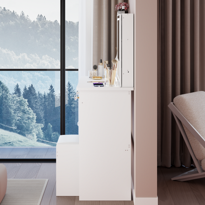37inch  Middle Size Left Drawer Desktop Vanity Table + Cushioned Stool, Extra Large Right sliding mirror, Multi Layer High Capacity Storage, Practical Fashionable Dresser, Suitable For Large Space
