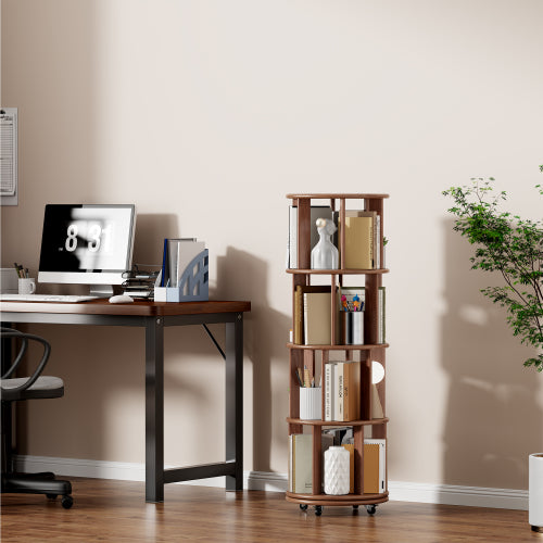 Solid Wood 360° Rotating 4-Tier Wheel Mobile Walnut Bookshelf