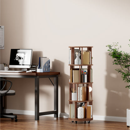 Solid Wood 360° Rotating 4-Tier Wheel Mobile Walnut Bookshelf