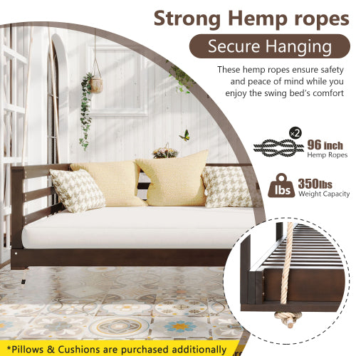 Country Patio Wooden Twin Size Swing Daybed Porch Swing Frame with 4pcs 96-inch Hemp Ropes for Backyard, Garden, Brown