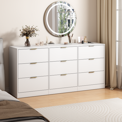 White 9 Drawer Dresser, 63" Large Deep Chest of Drawers, Wooden Dresser Storage Cabinet with 9 Drawers for Bedroom, Long Dressers for Living Room, Hallway