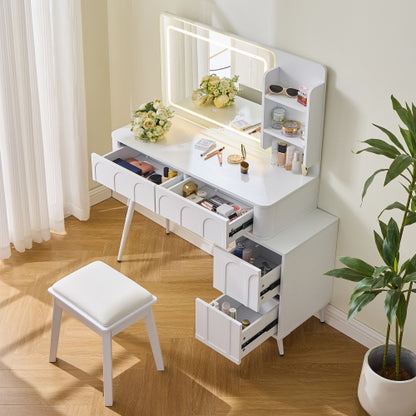 White Modern Vanity Desk Set, Fluted Wave Panel, 3 Color Dimmable LED Mirror, Adjustable Side Cabinet & PU Stool