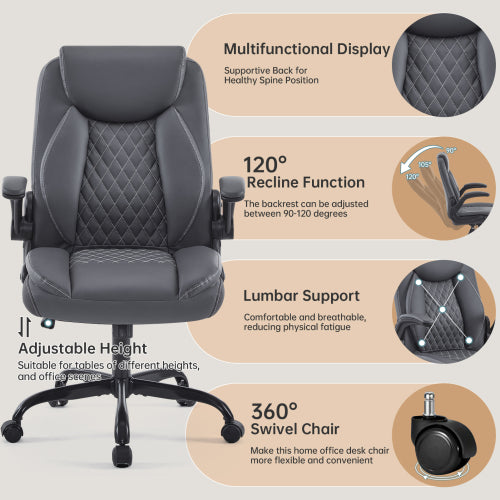 Leather Office Ergonomic Home Office Desk Chair, Back Support Swivel Executive Office Chair with Wheels and Flip-Up Armrests, Small Gaming Chair with Adjustable Rocking Function