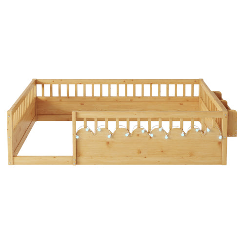 Full Montessori Floor Bed Frame with High Rails, Wood Kids Floor Beds with Light and Storage Shelf, Natural