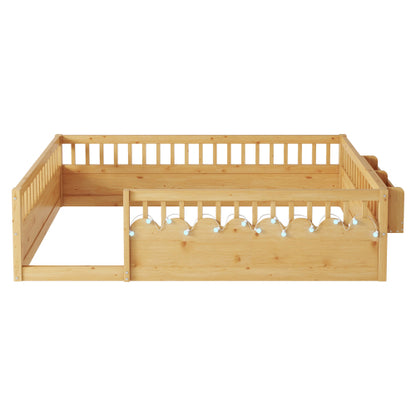Full Montessori Floor Bed Frame with High Rails, Wood Kids Floor Beds with Light and Storage Shelf, Natural