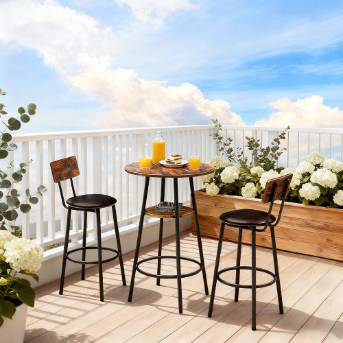 3 Pieces Round Bar Table and Chairs Set, Small Dining Table for 2 with 2-Tier Storage & 2 PU Upholstered Bar Stools for Kitchen, Dining Room, Living Room, Bar, Cafe, Small Space Corner, Rustic Brown