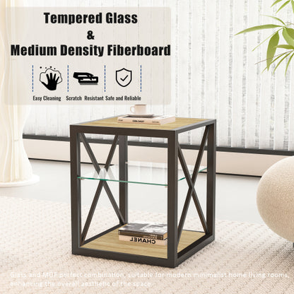 Set of 2 Modern End Table Nightstand for Bedroom & Living Room, Tempered Glass & Natural Wood MDF Top , Industrial Style Side Table