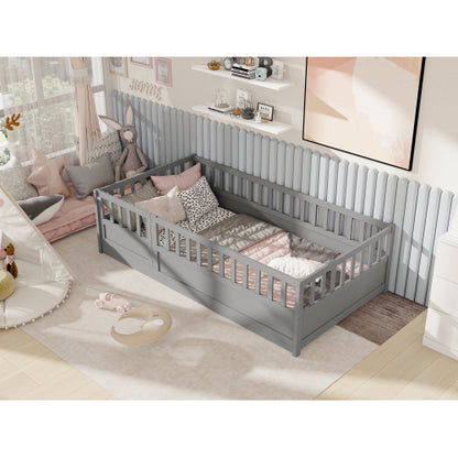 Twin Size Floor bed, integral construction with super high security barrier, door, children's floor bed frame, Montessori wooden children's floor bed,  Grey