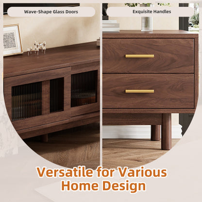 70.86 inch Dark Brown Mid Century Wave Glass Sliding Door TV Stand Pine Leg Console For 80 inch TV