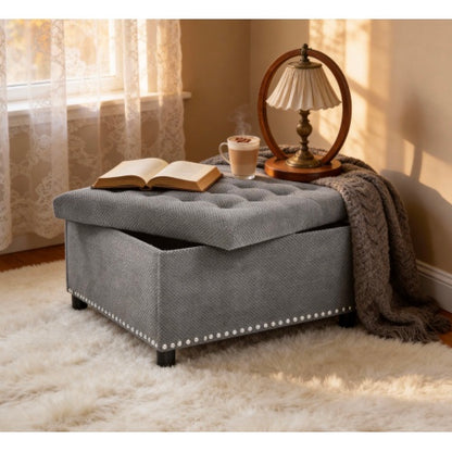 Storage Ottoman, Tufted Footstool, Nailhead Trim Ottoman, Square Storage Ottoman, Upholstered Coffee Table, Bedroom Storage, Living Room Accent, Light Gray Ottoman, Small Space Furniture, Home Decor.