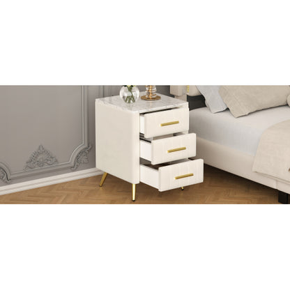 Upholstered Wooden Nightstand with 3 Drawers and Metal Legs&Handles, Bedside Table with Marbling Stickers Worktop - Beige