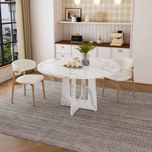 47.24 Inch Marble White MDF Round Dining Table, 300LB Capacity Farmhouse Kitchen Table for 4-6 People