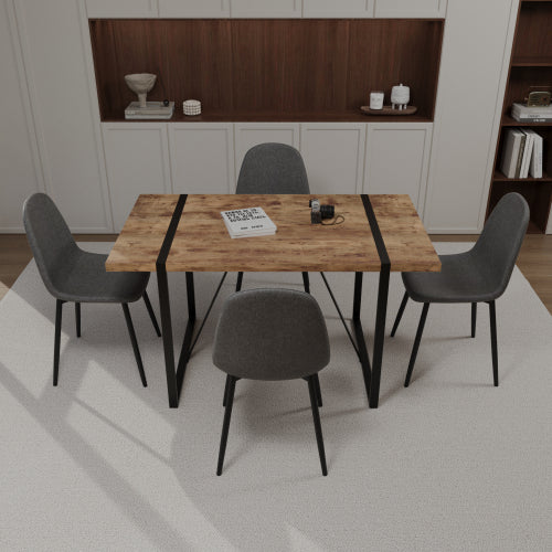 5-Piece Dark Wood & Black Metal Dining Set, Medieval MDF Table with 4 Waterproof Suede Chairs