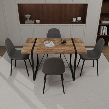 5-Piece Dark Wood & Black Metal Dining Set, Medieval MDF Table with 4 Waterproof Suede Chairs