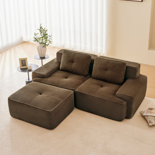 82-Inch Brown Corduroy L-Shaped Modular Sectional Tufted Sofa with Movable Ottoman No-Assembly