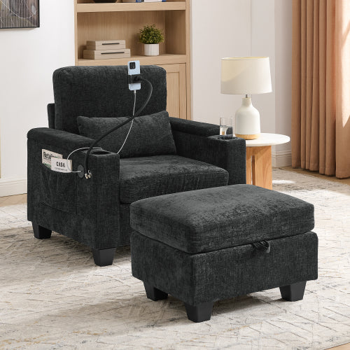 Black Manual-Adjust Recliner Chair with USB, Storage & Ottoman