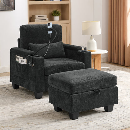 Black Manual-Adjust Recliner Chair with USB, Storage & Ottoman